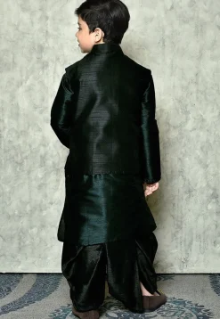 Solid Color Dupion Dhoti Kurta Jacket in Dark Green and Black