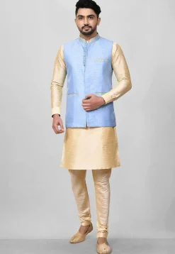 Solid Color Dupion Kurta Jacket Set in Beige and Light Blue