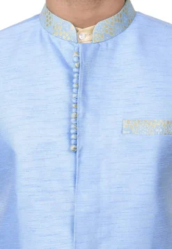 Solid Color Dupion Kurta Jacket Set in Beige and Light Blue