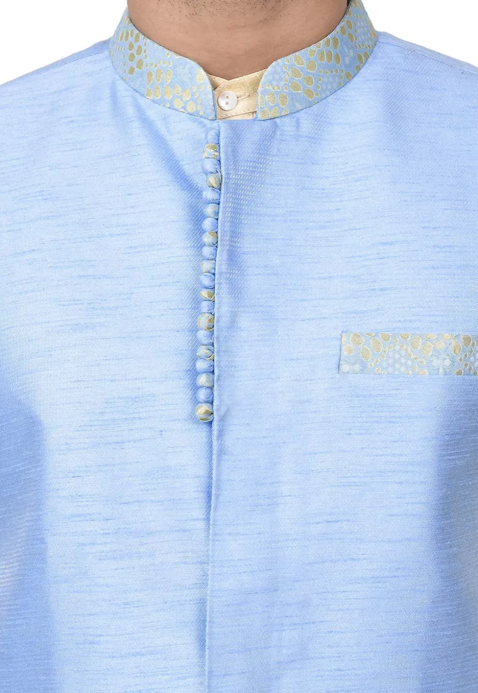 Solid Color Dupion Kurta Jacket Set in Beige and Light Blue