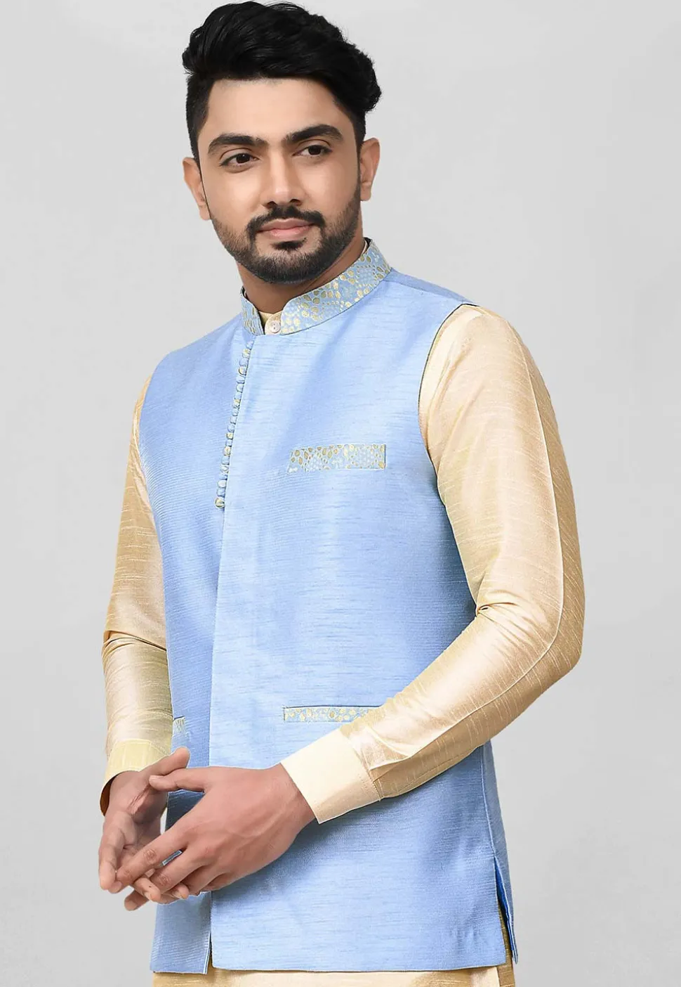 Solid Color Dupion Kurta Jacket Set in Beige and Light Blue