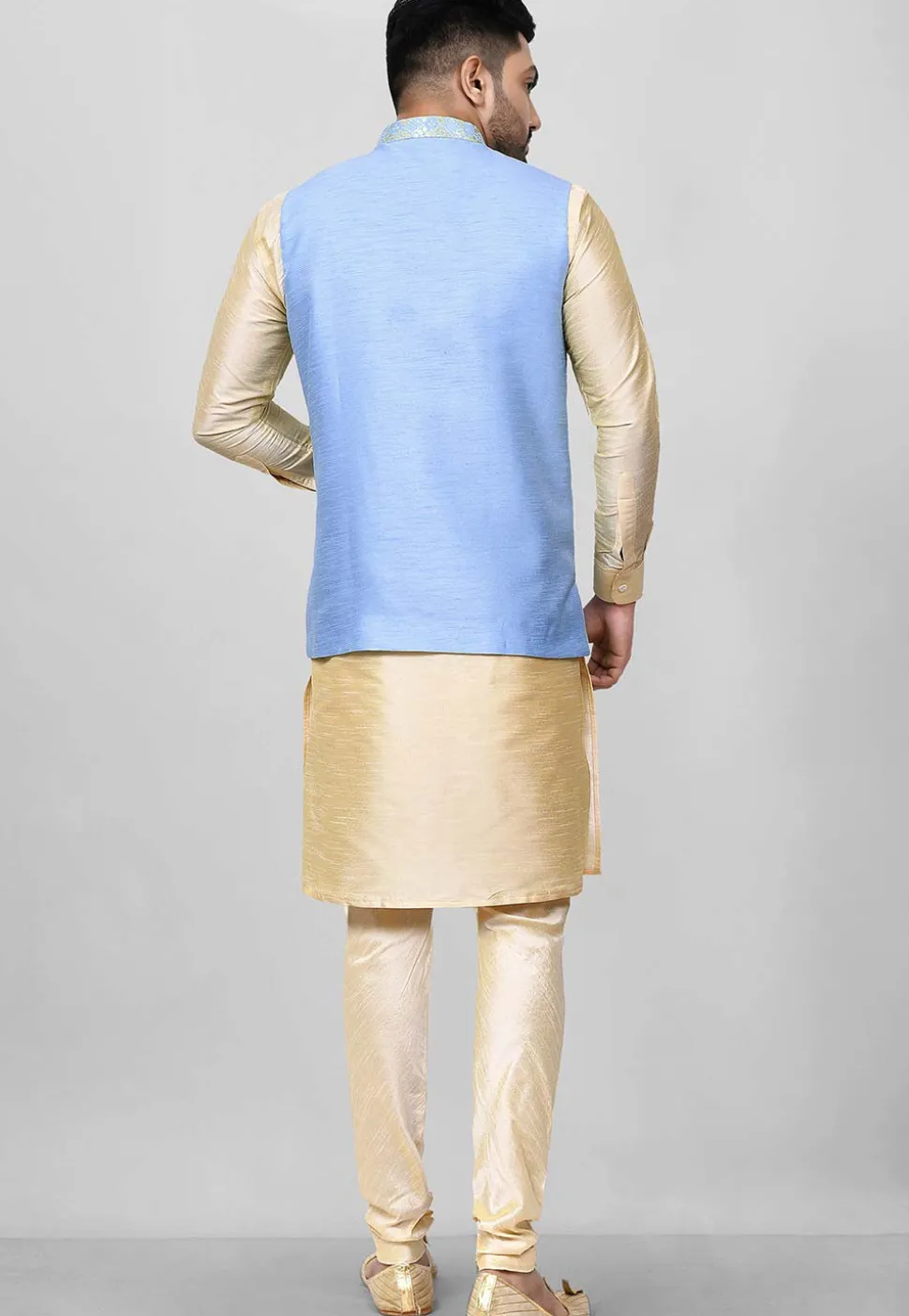 Solid Color Dupion Kurta Jacket Set in Beige and Light Blue