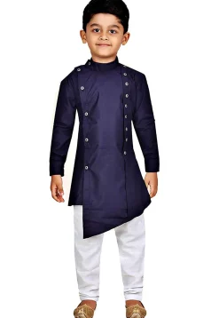 Solid Color Dupion Silk Asymmetric Kurta Set in Navy Blue