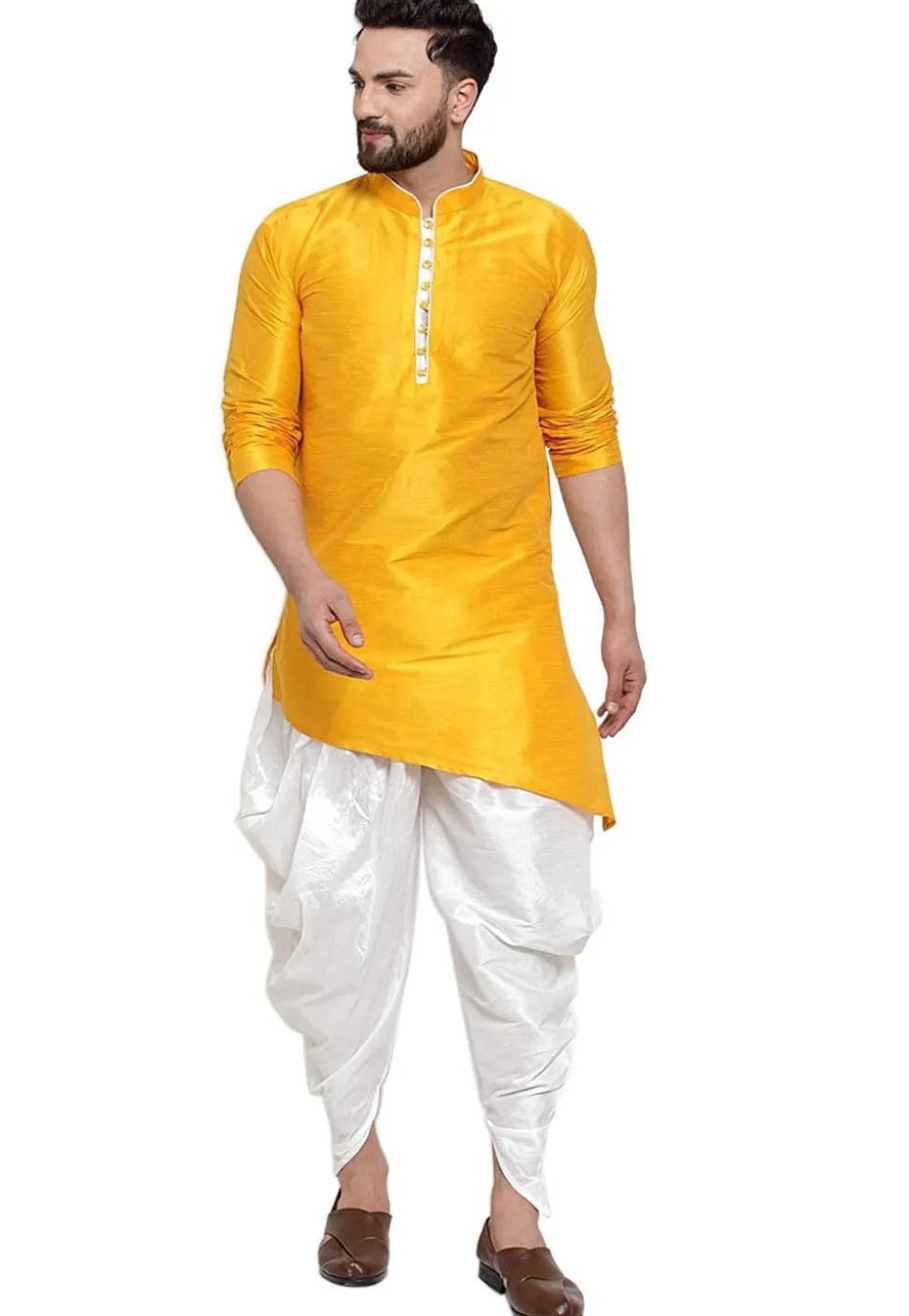 Solid Color Dupion Silk Asymmetric Dhoti Kurta in Mustard