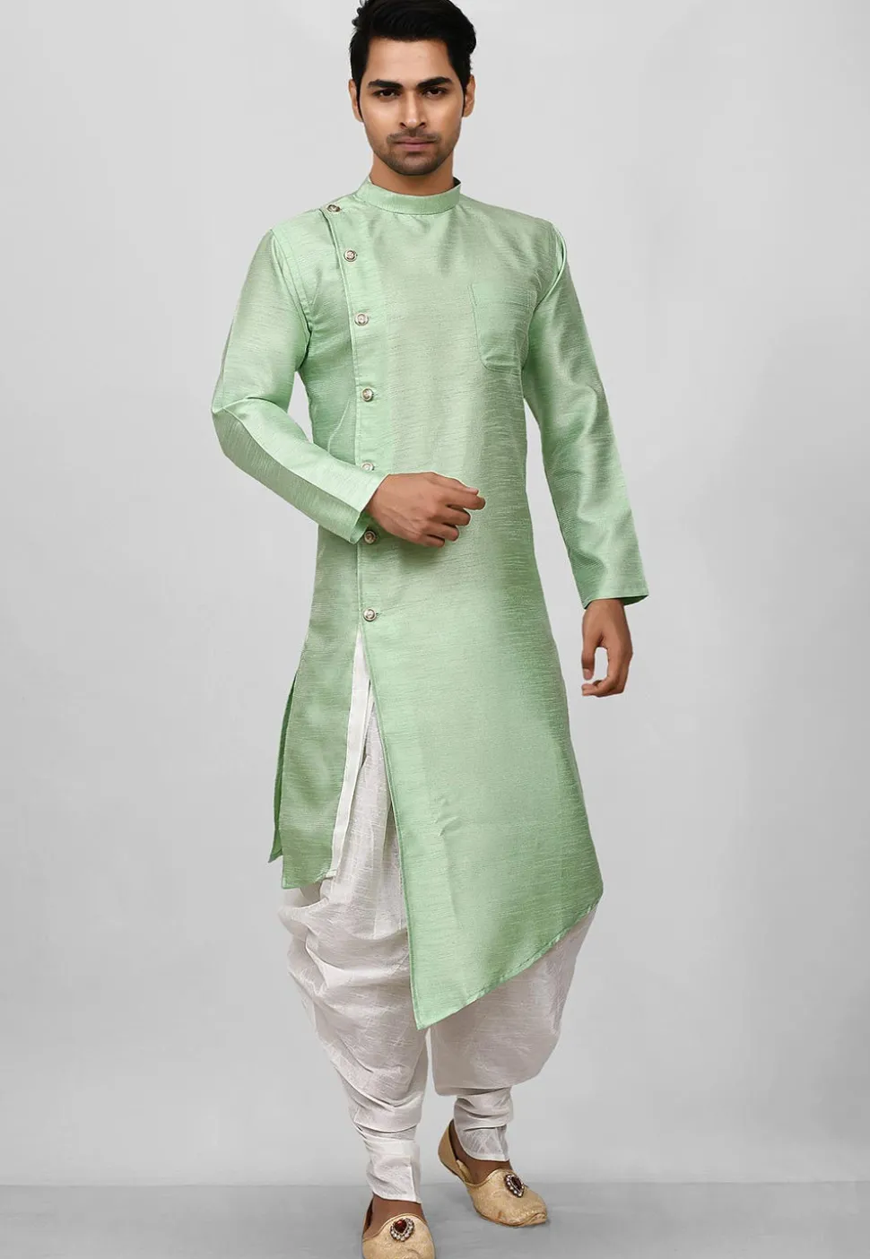 Solid Color Dupion Silk Asymmetric Dhoti Kurta in Pastel Green
