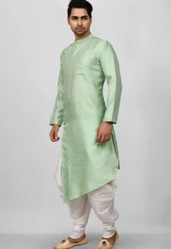 Solid Color Dupion Silk Asymmetric Dhoti Kurta in Pastel Green