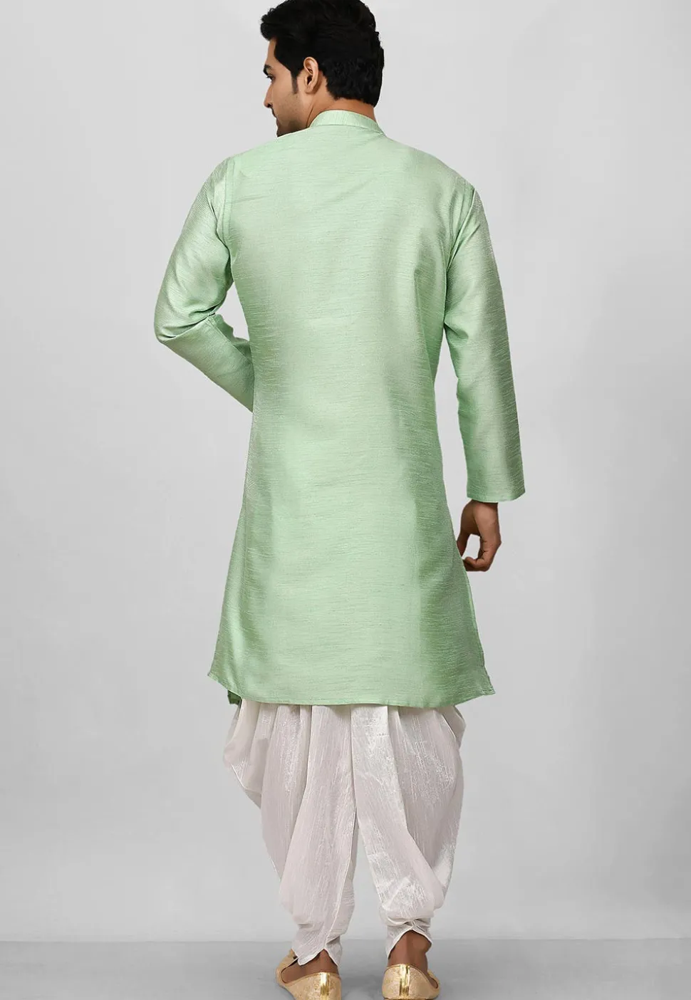Solid Color Dupion Silk Asymmetric Dhoti Kurta in Pastel Green
