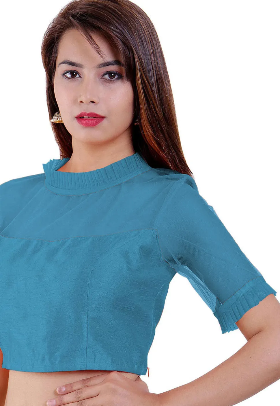 Solid Color Dupion Silk and Net Blouse in Blue