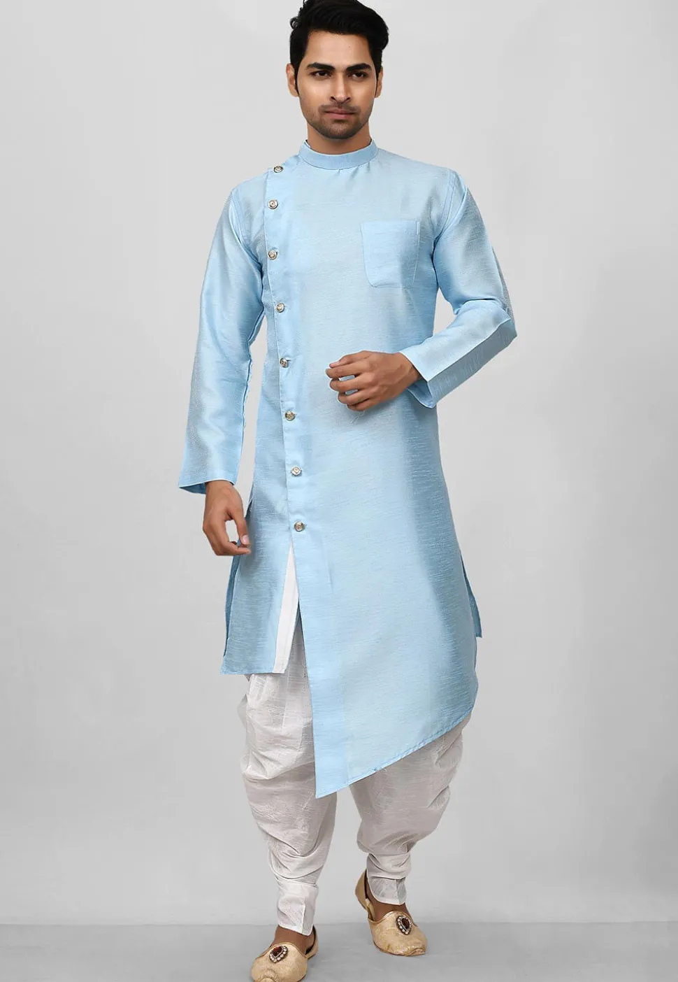Solid Color Dupion Silk Asymmetric Dhoti Kurta in Light Blue