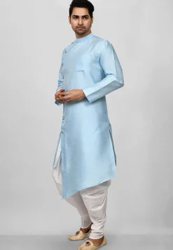 Solid Color Dupion Silk Asymmetric Dhoti Kurta in Light Blue