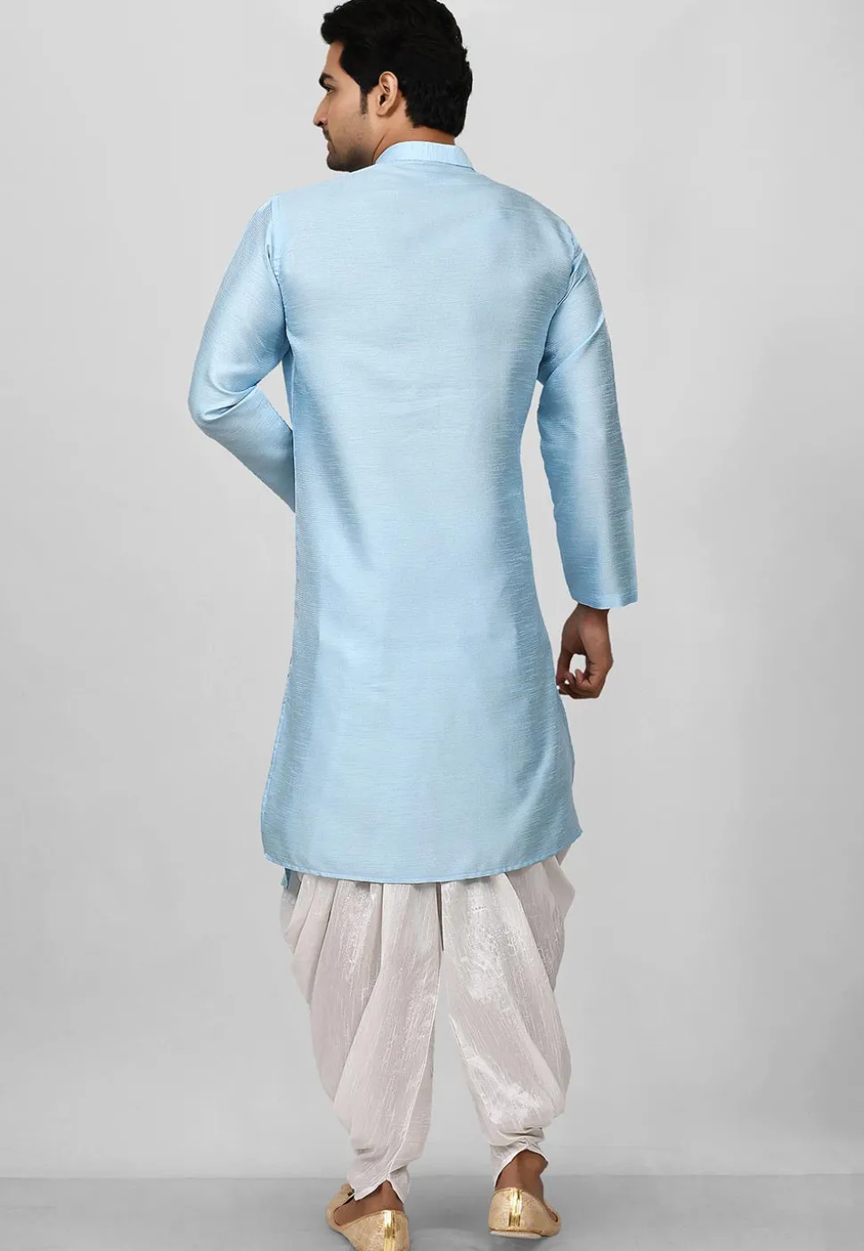 Solid Color Dupion Silk Asymmetric Dhoti Kurta in Light Blue