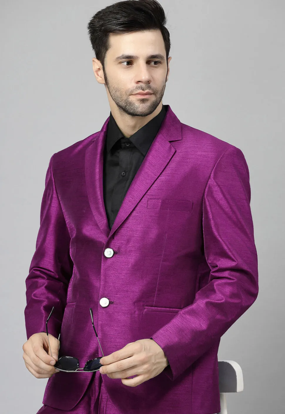 Solid Color Dupion Silk Blazer in Magenta