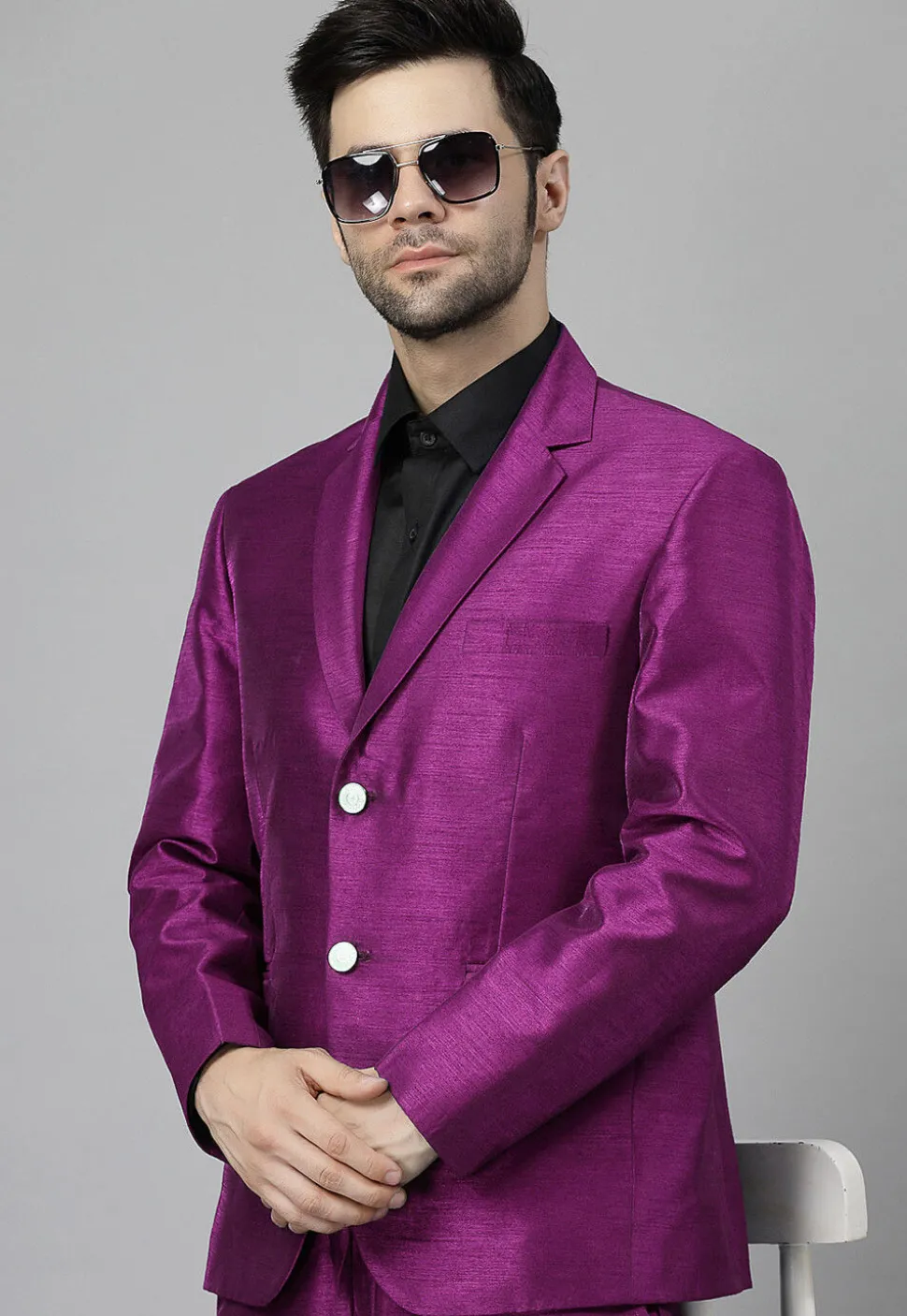 Solid Color Dupion Silk Blazer in Magenta