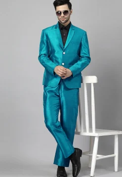 Solid Color Dupion Silk Blazer in Teal Blue