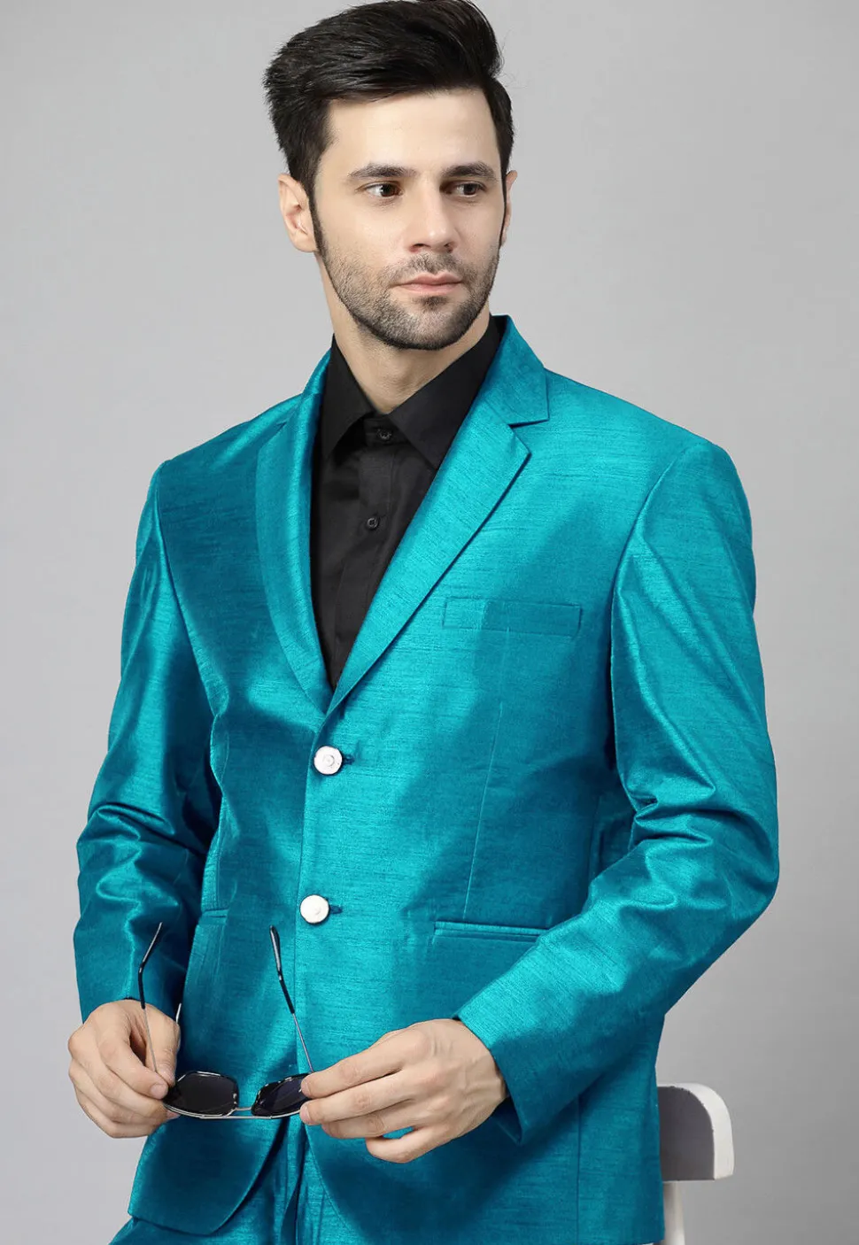 Solid Color Dupion Silk Blazer in Teal Blue