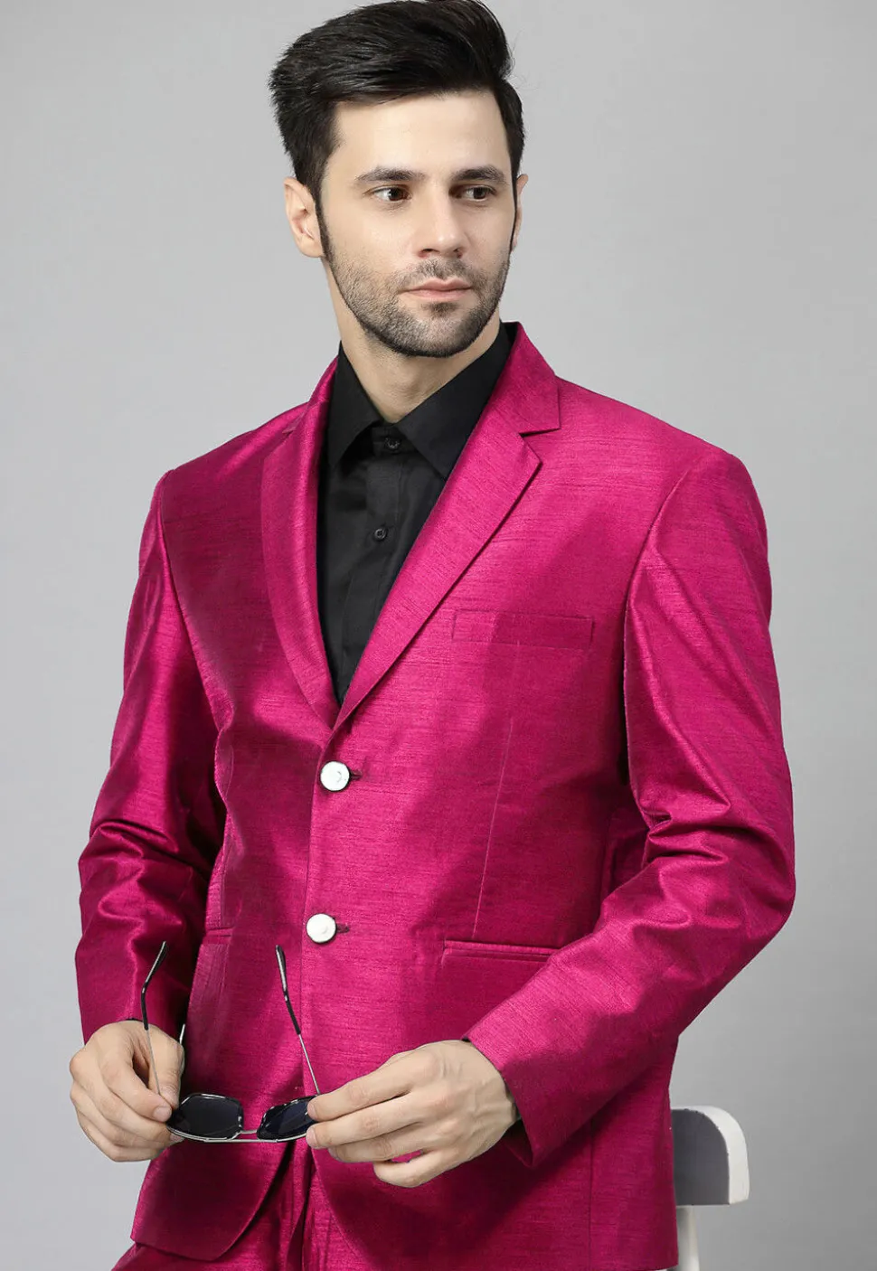 Solid Color Dupion Silk Blazer in Fuchsia