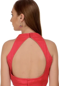 Solid Color Dupion Silk Blouse in Coral Red