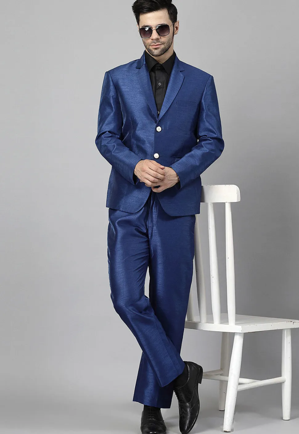 Solid Color Dupion Silk Blazer Set in Blue