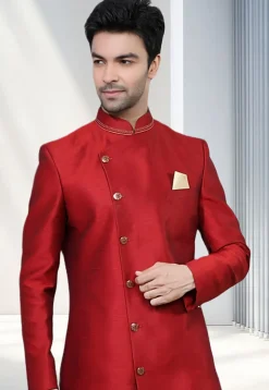 Solid Color Dupion Silk Bandhgala in Red