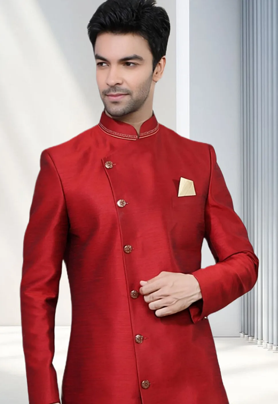Solid Color Dupion Silk Bandhgala in Red