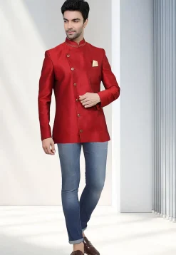 Solid Color Dupion Silk Bandhgala in Red