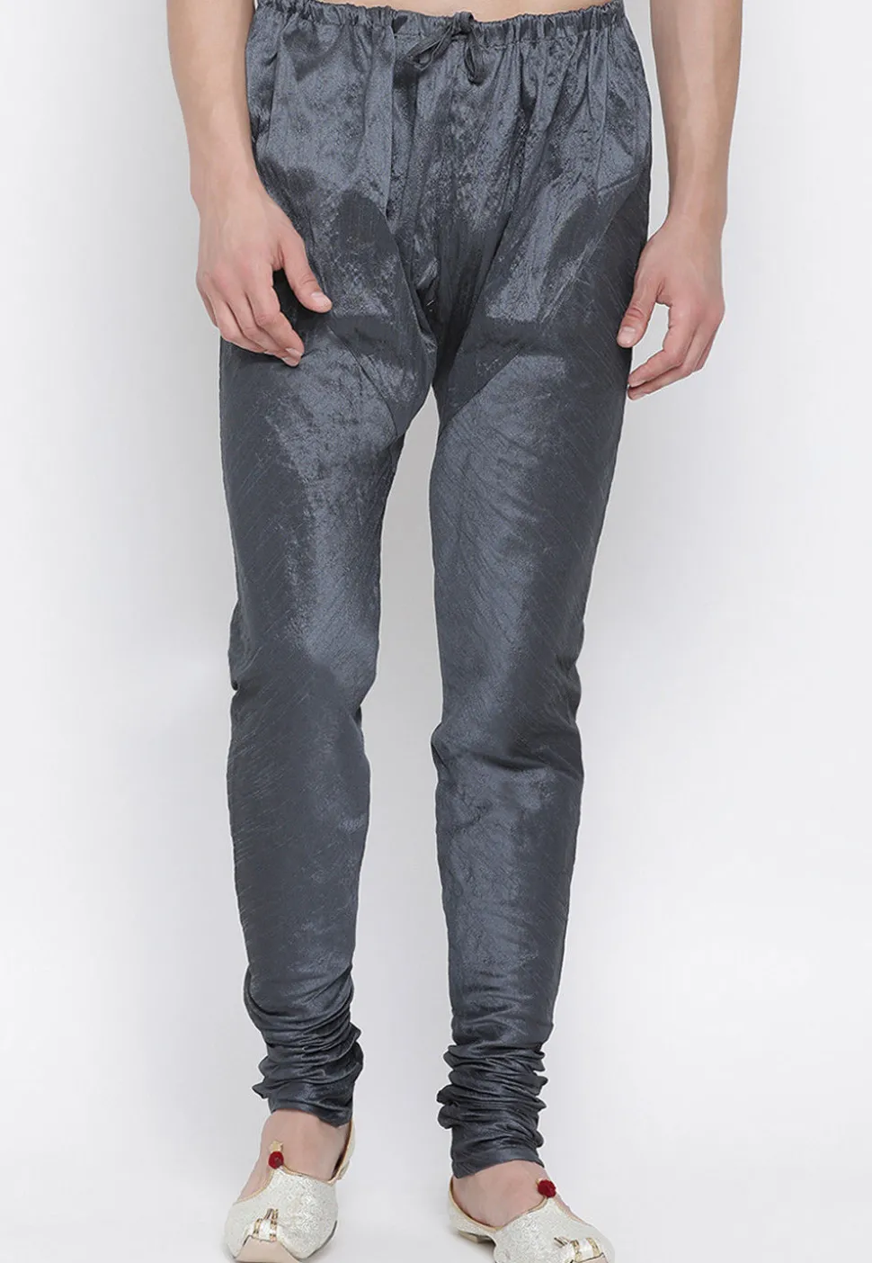 Solid Color Dupion Silk Churidar in Dark Grey