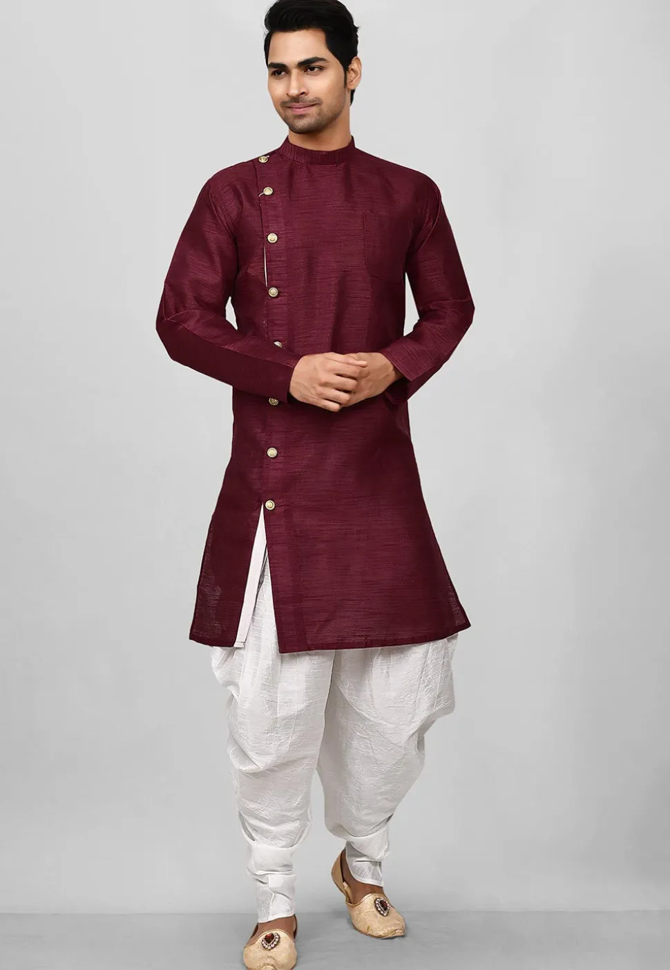 Solid Color Dupion Silk Dhoti Kurta in Maroon