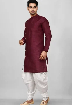 Solid Color Dupion Silk Dhoti Kurta in Maroon