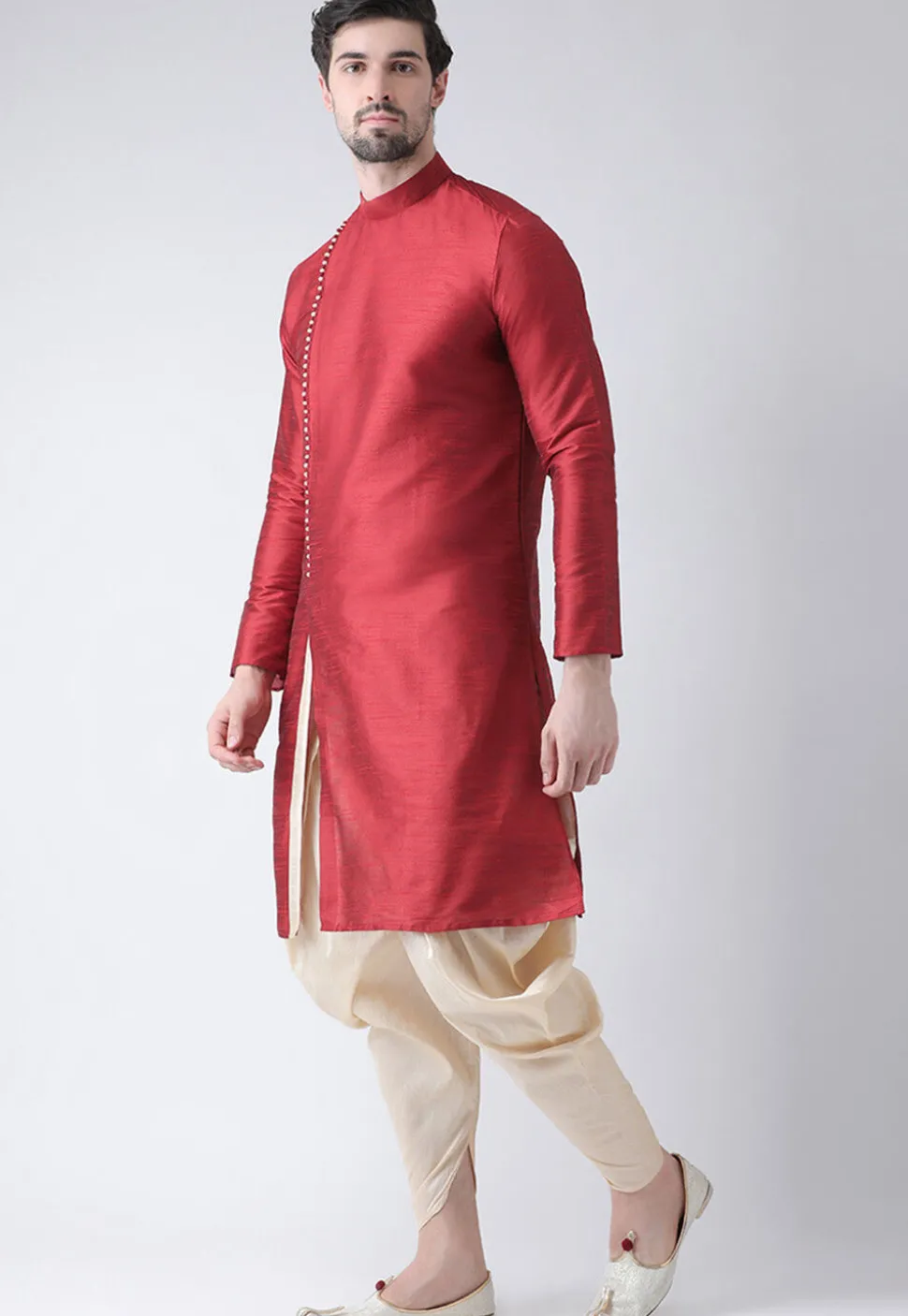 Solid Color Dupion Silk Dhoti Kurta in Maroon
