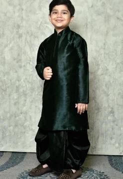 Solid Color Dupion Silk Dhoti Kurta in Dark Green