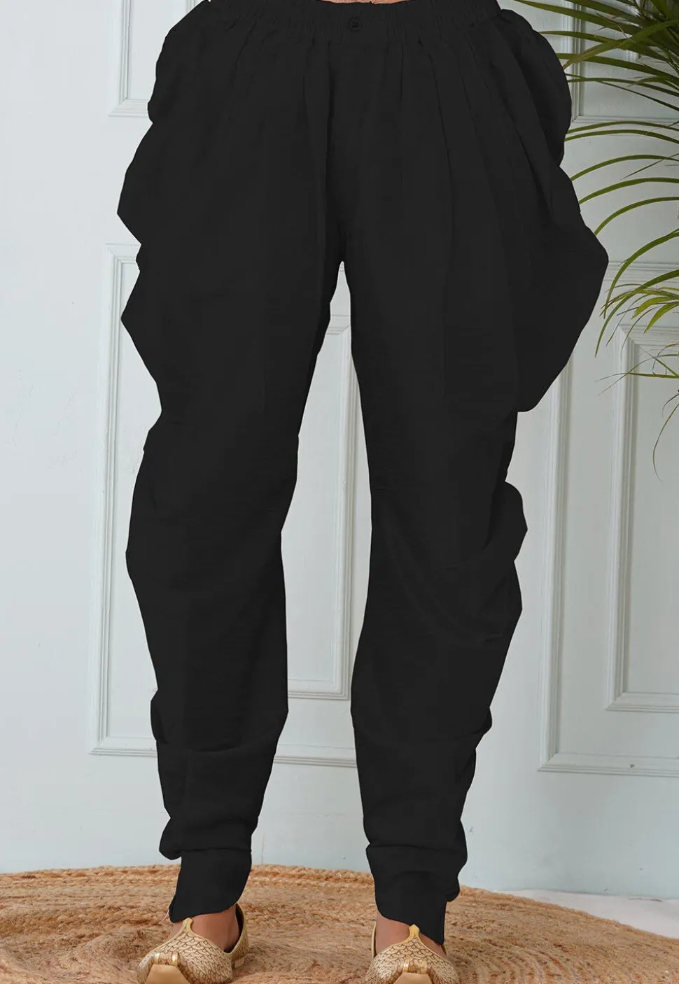 Solid Color Dupion Silk Dhoti in Black