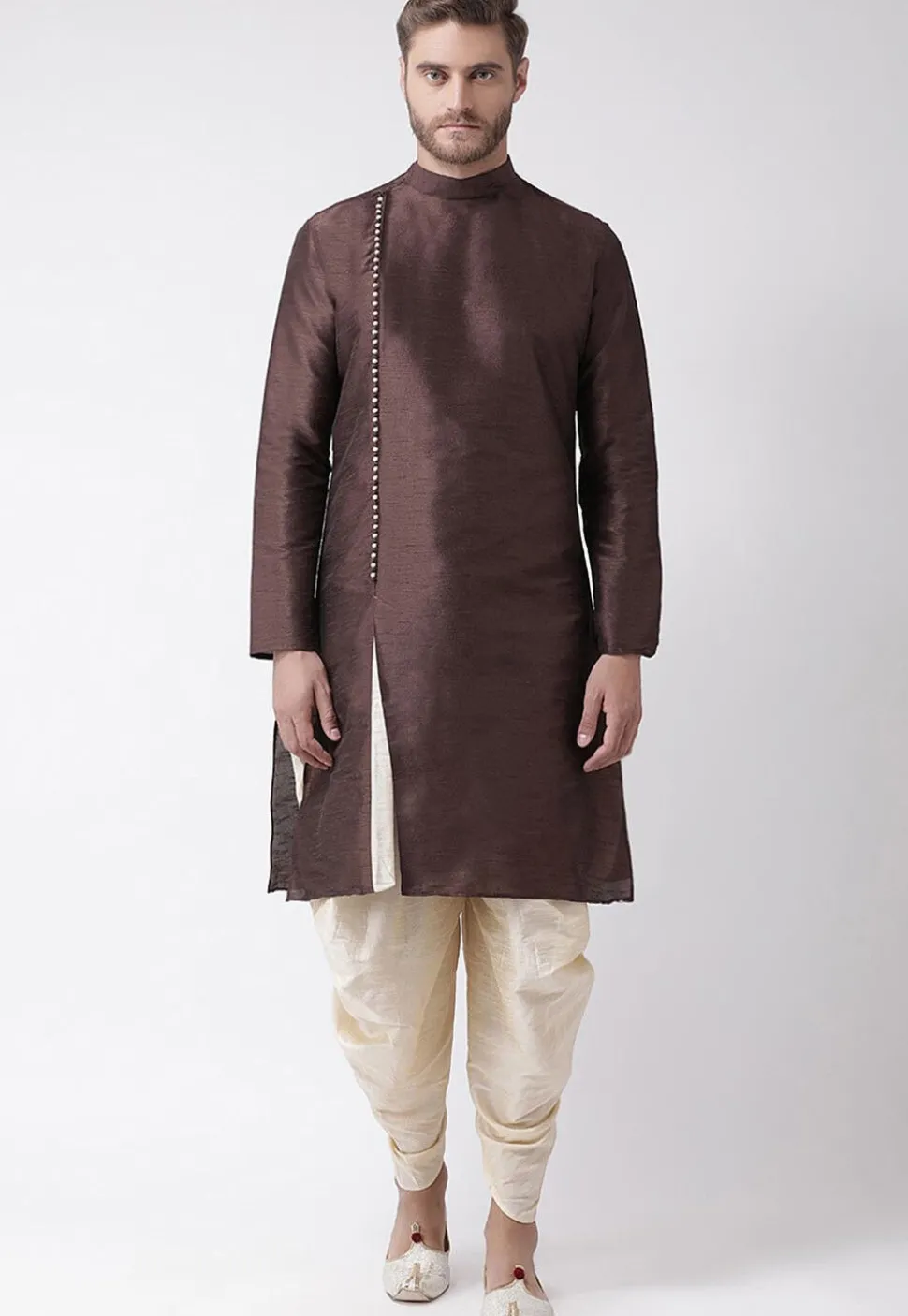Solid Color Dupion Silk Dhoti Kurta in Brown