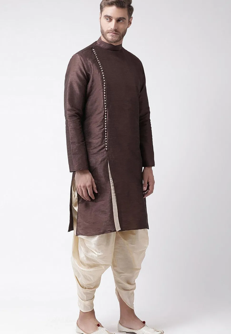 Solid Color Dupion Silk Dhoti Kurta in Brown