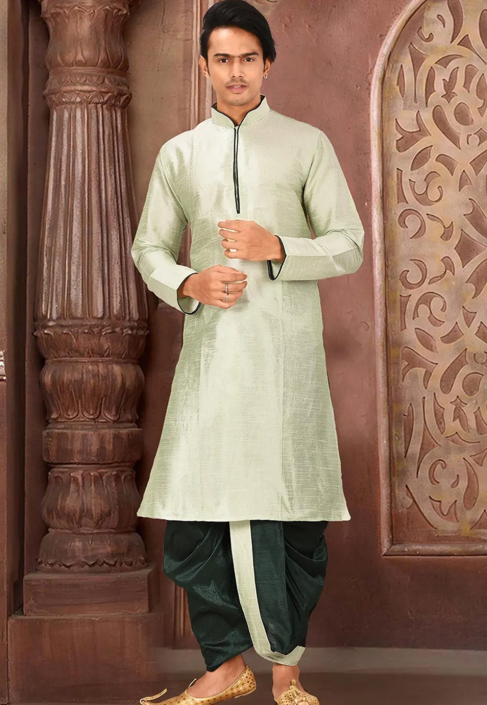 Solid Color Dupion Silk Dhoti Kurta in Dusty Green