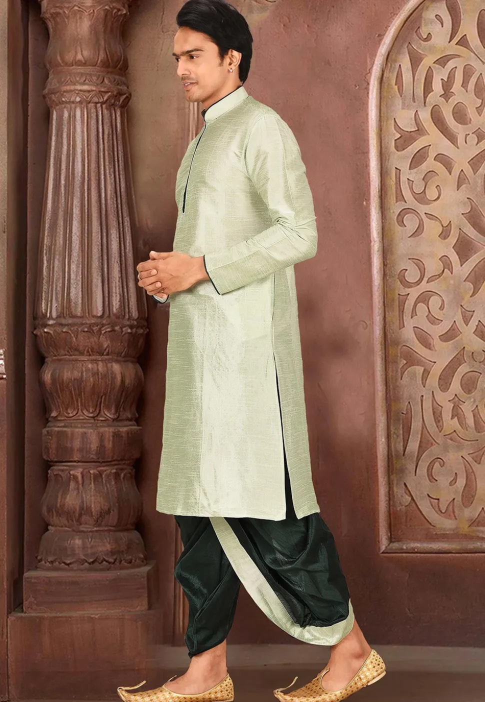 Solid Color Dupion Silk Dhoti Kurta in Dusty Green