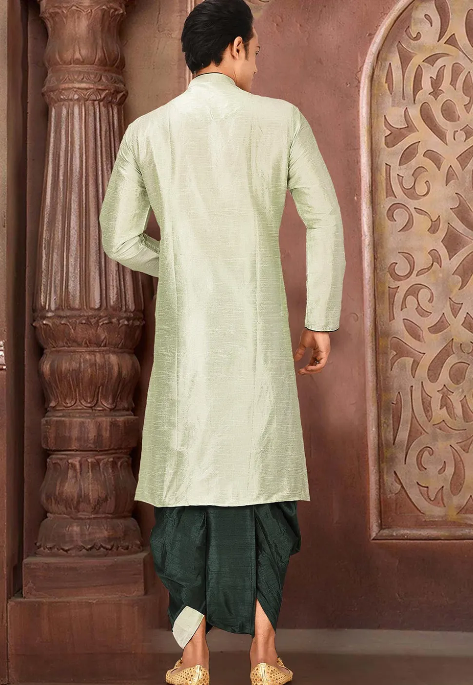 Solid Color Dupion Silk Dhoti Kurta in Dusty Green