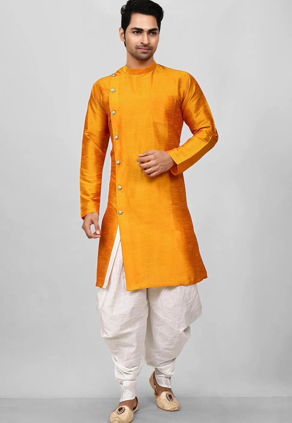 Solid Color Dupion Silk Dhoti Kurta in Orange
