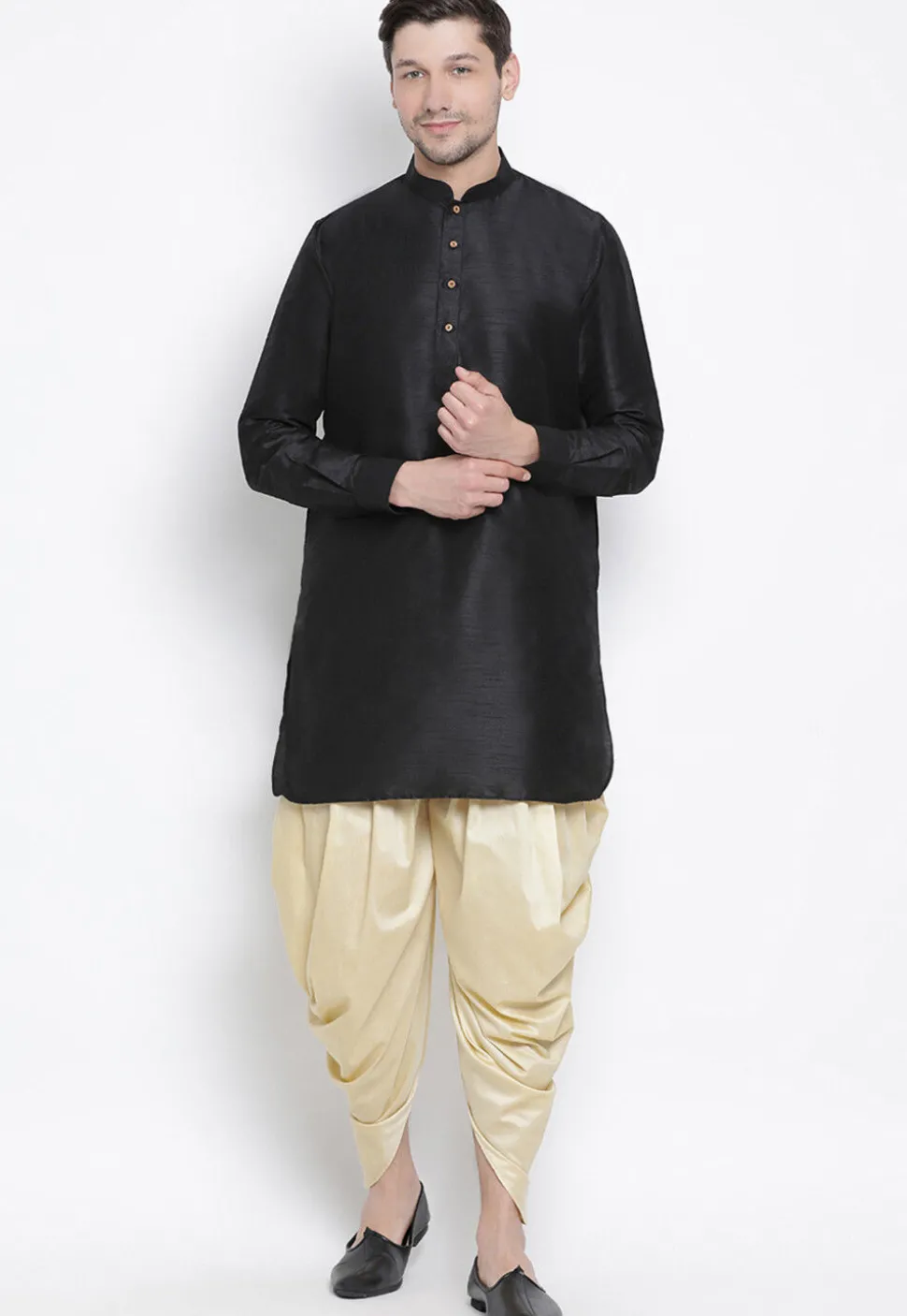 Solid Color Dupion Silk Dhoti Kurta in Black