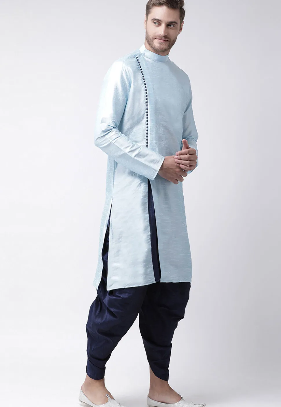 Solid Color Dupion Silk Dhoti Kurta in Light Blue