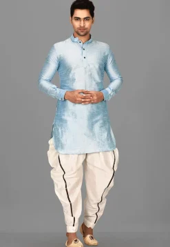 Solid Color Dupion Silk Dhoti Kurta in Light Blue