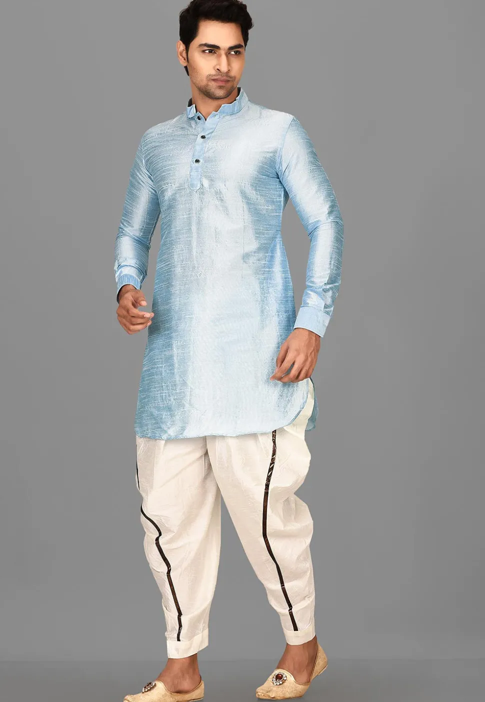 Solid Color Dupion Silk Dhoti Kurta in Light Blue
