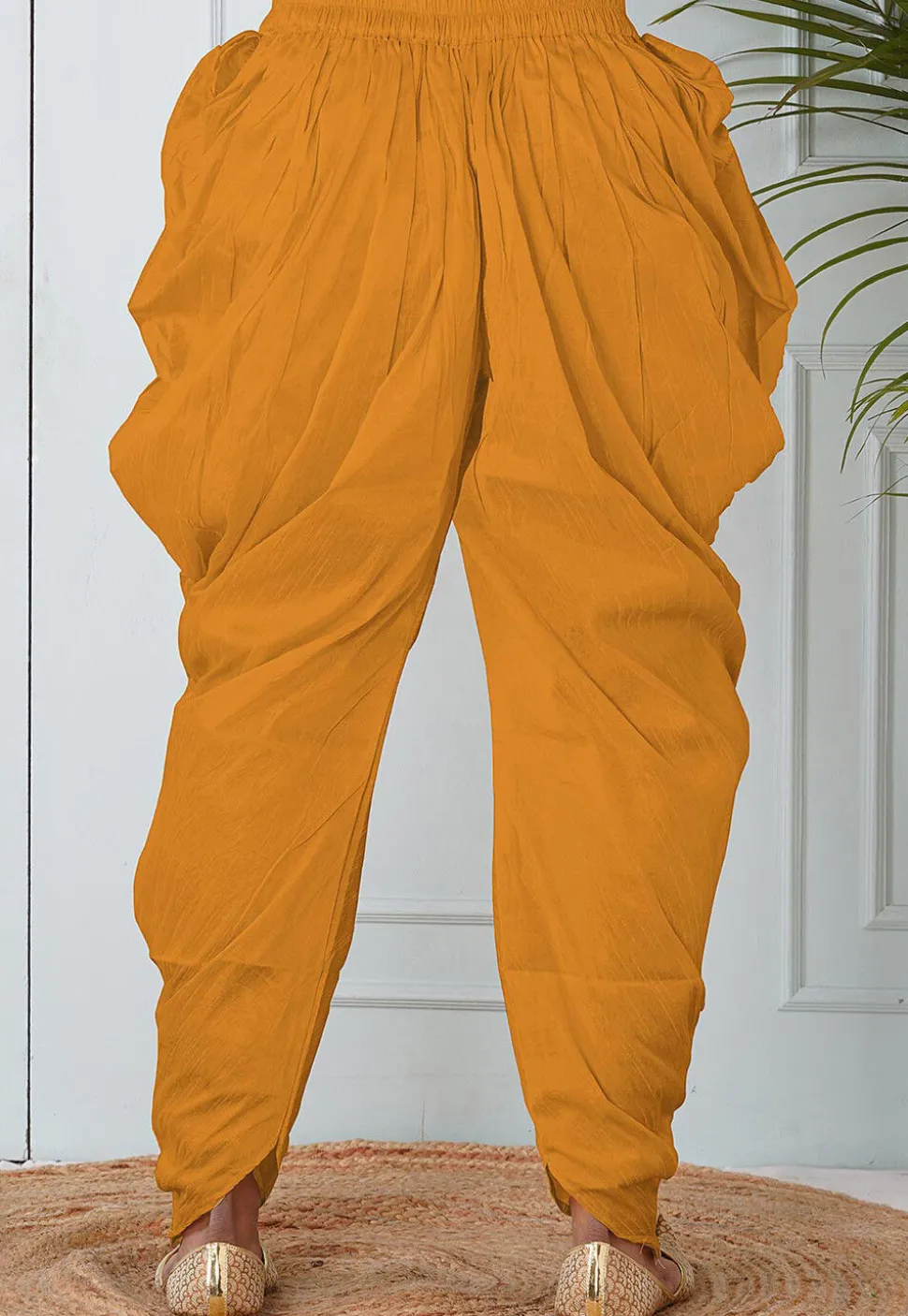Solid Color Dupion Silk Dhoti in Mustard