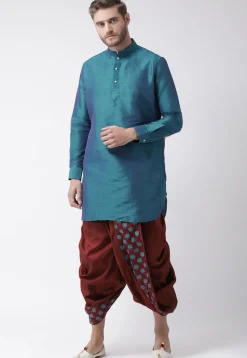 Solid Color Dupion Silk Dhoti Kurta in Teal Blue