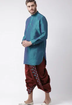Solid Color Dupion Silk Dhoti Kurta in Teal Blue