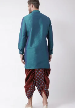 Solid Color Dupion Silk Dhoti Kurta in Teal Blue