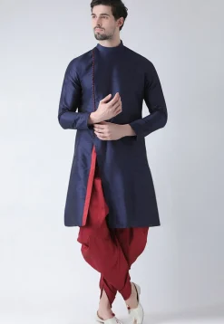 Solid Color Dupion Silk Dhoti Kurta in Navy Blue