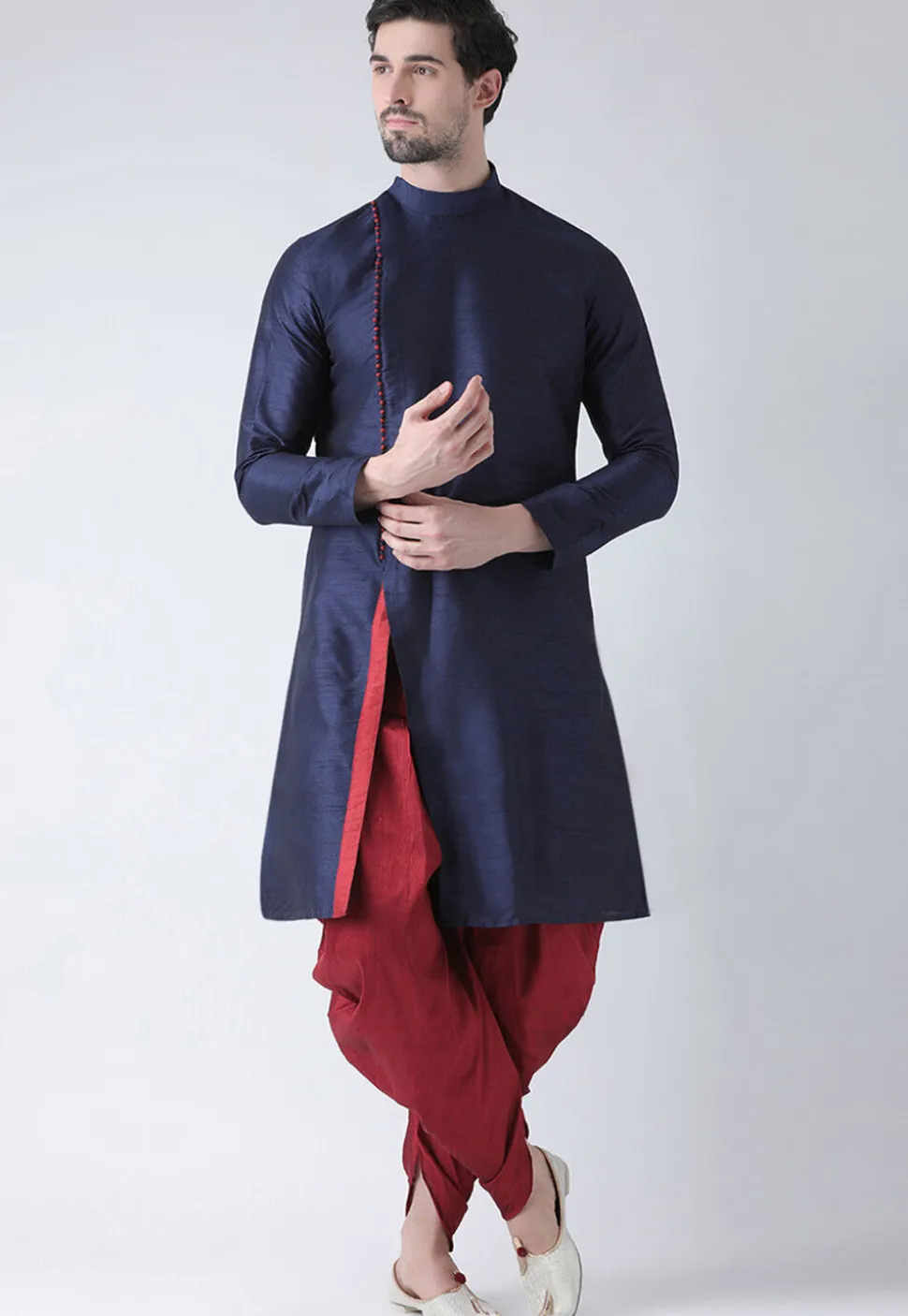 Solid Color Dupion Silk Dhoti Kurta in Navy Blue
