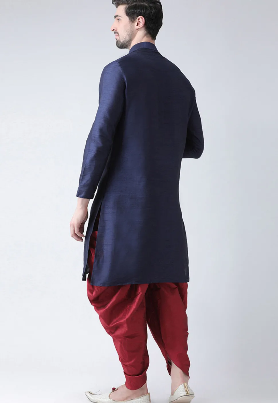 Solid Color Dupion Silk Dhoti Kurta in Navy Blue