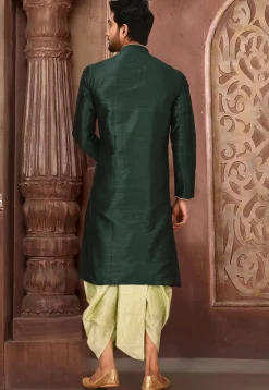 Solid Color Dupion Silk Dhoti Kurta in Dark Green