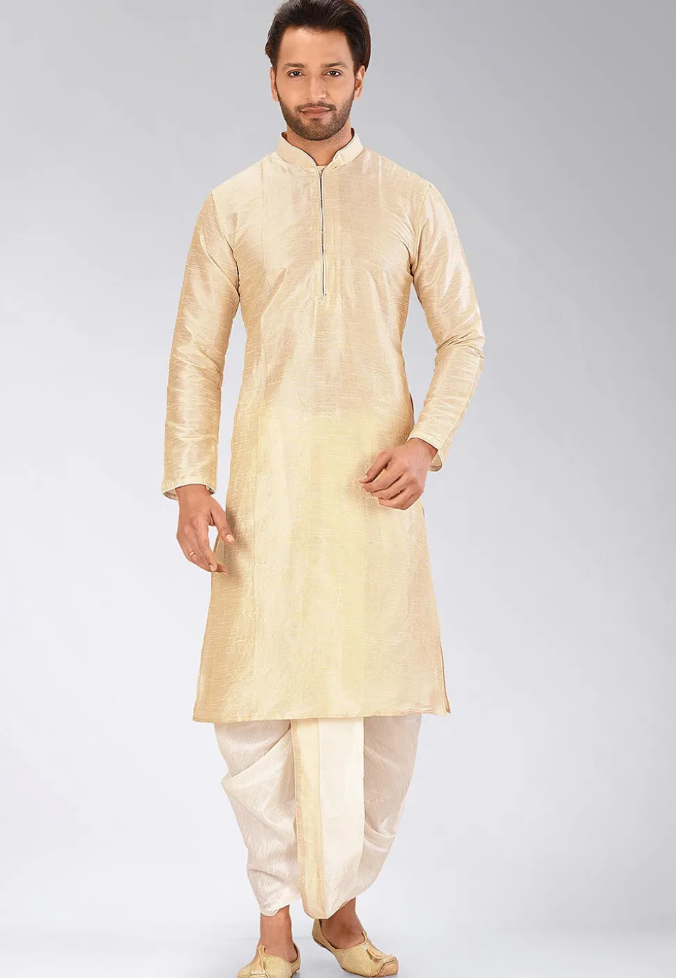 Solid Color Dupion Silk Dhoti Kurta in Beige